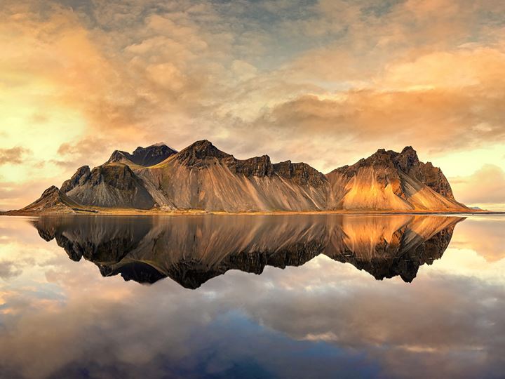 Sunset at Vestrahorn with mirror reflection, Iceland