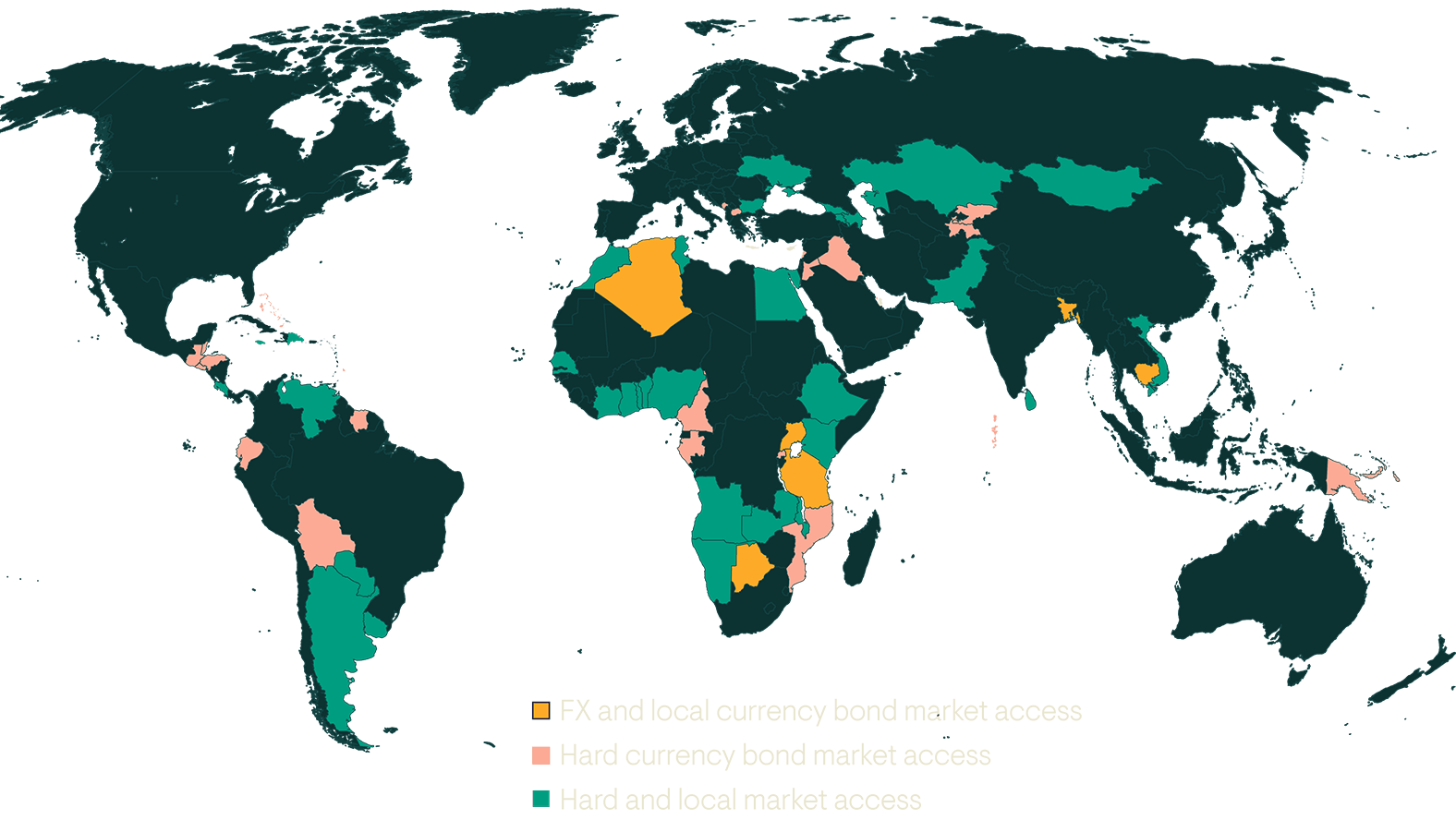 Figure 1: The liquid frontier market universe now comprises 58 countries, 35 NDF/deliverable FX markets, 28 local bond markets and 50 hard currency bond markets